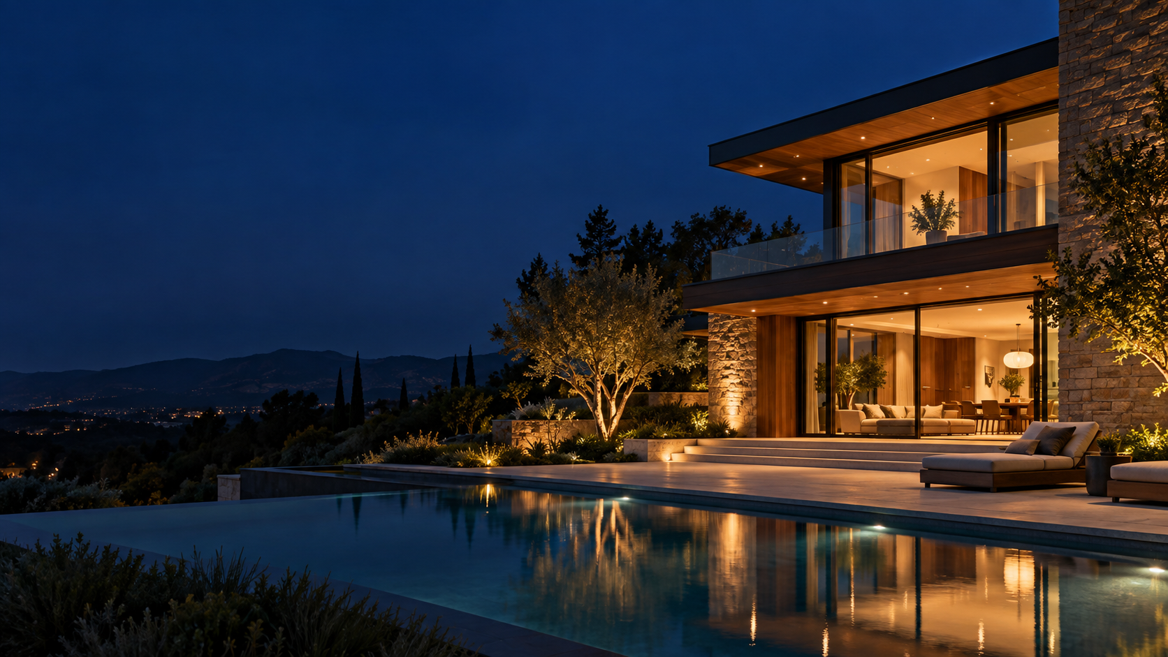 Contemporary California home at blue hour